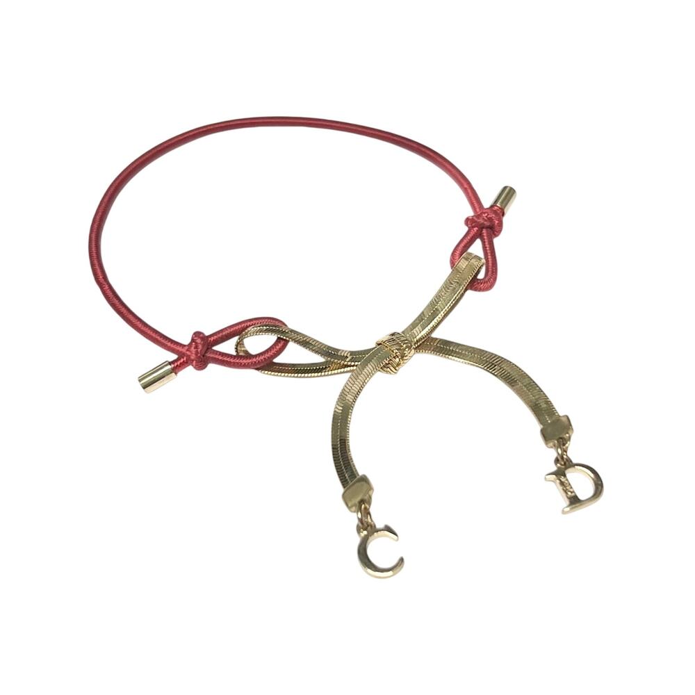 Christian Dior Vintage Red Elastic Gold Chain CD Logo Bow Charm Bracelet